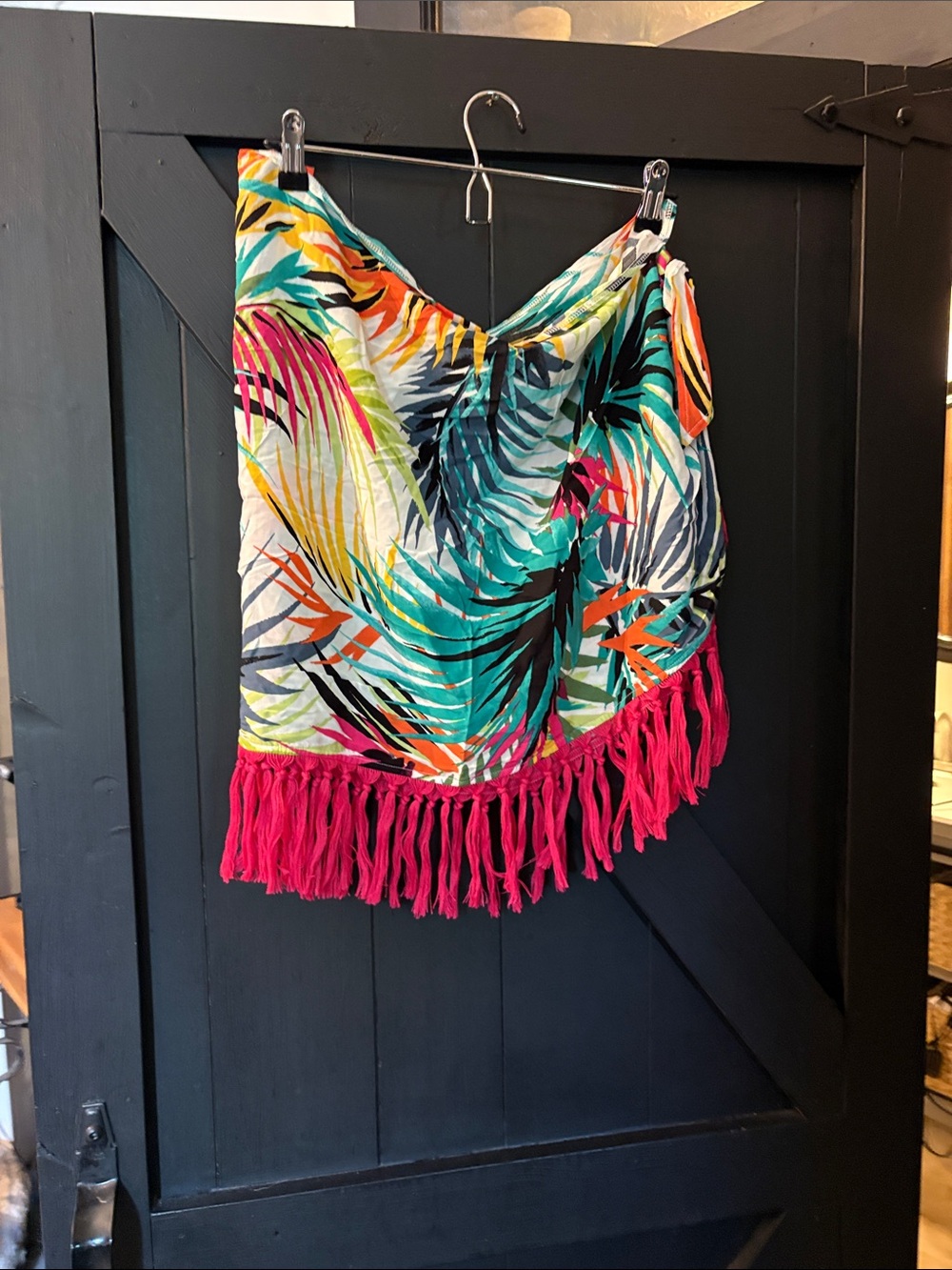 Shade & Shore Multicolor Tropical Palm Print Coverup with Hot Pink Fringe